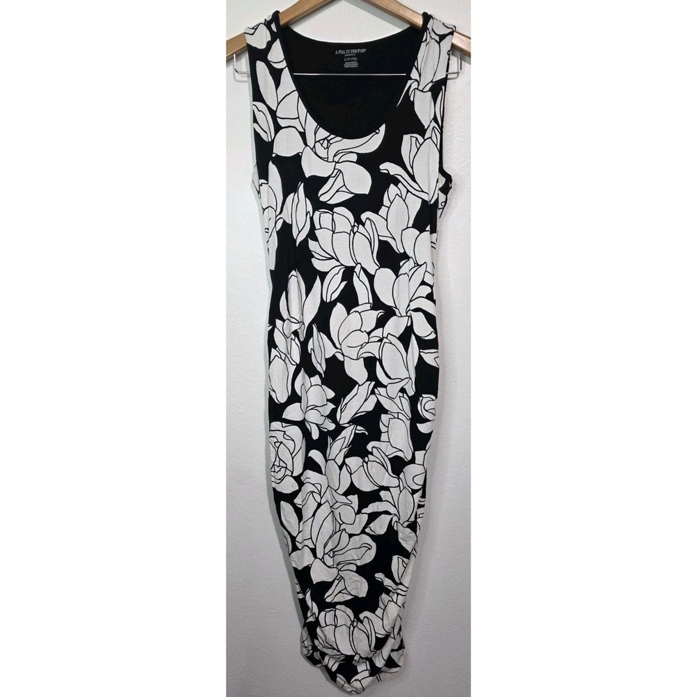 A Pea in the Pod Maternity S Midi Ruched Tank Dress Floral Black White Rayon EUC
